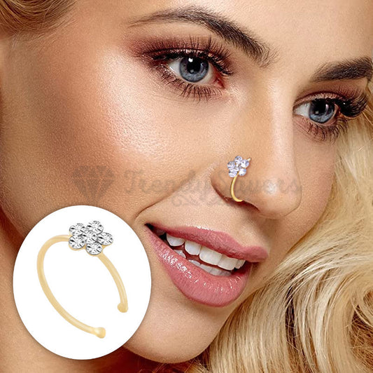6MM Gold Plated Rhinestone Sparkle Nose Ring Flower Crystal Small Clip On Hoop