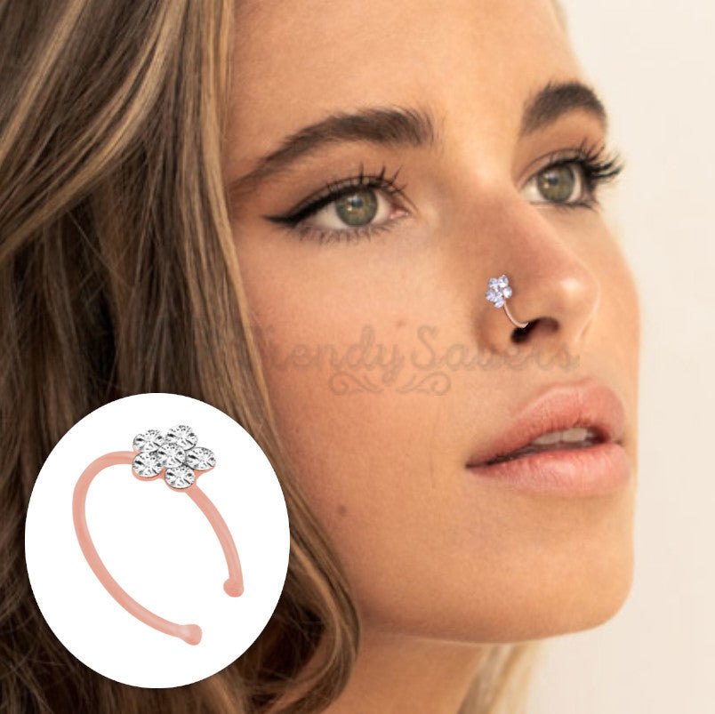 6MM Rose Gold Flower Crystal Fake Nose Ring Non-Piercing Clip On Nose Cuff 1pc