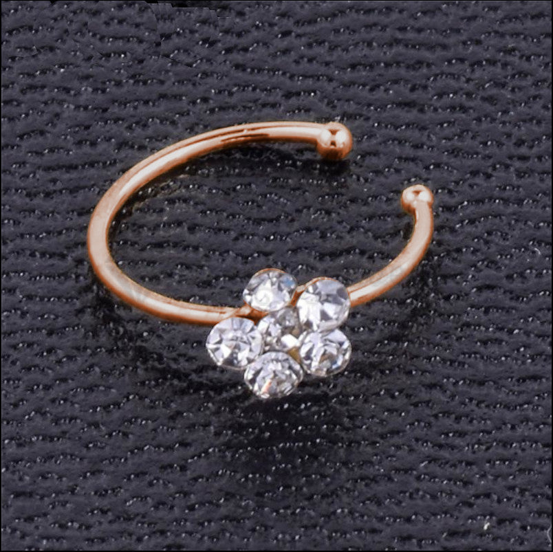 6MM Rose Gold Flower Crystal Fake Nose Ring Non-Piercing Clip On Nose Cuff 1pc