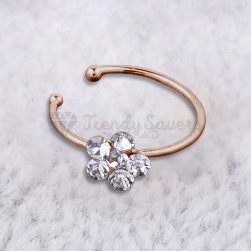 6MM Rose Gold Flower Crystal Fake Nose Ring Non-Piercing Clip On Nose Cuff 1pc
