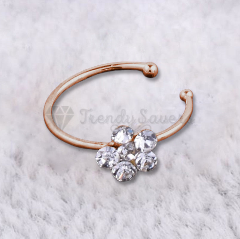 6MM Rose Gold Flower Crystal Fake Nose Ring Non-Piercing Clip On Nose Cuff 1pc