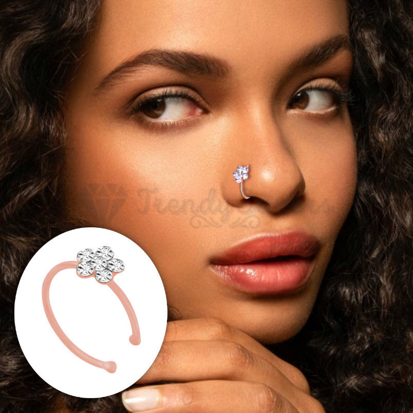 8MM Cubic Zircon Crystal Flower Nose Stud Hoop Ring Non Piercing Sterling Silver