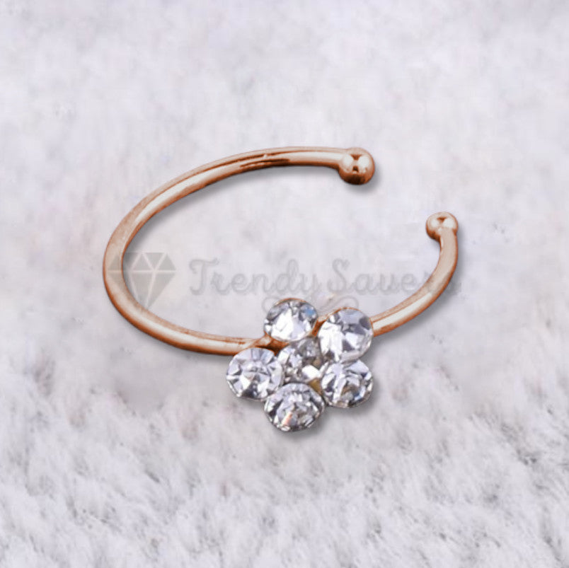 8MM Cubic Zircon Crystal Flower Nose Stud Hoop Ring Non Piercing Sterling Silver