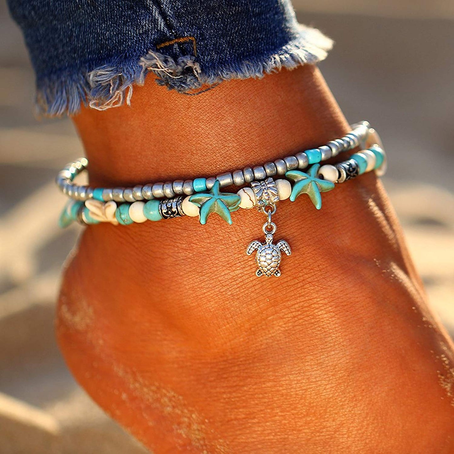 Bohemian Multiple Layers Starfish Turtle Beads Anklet