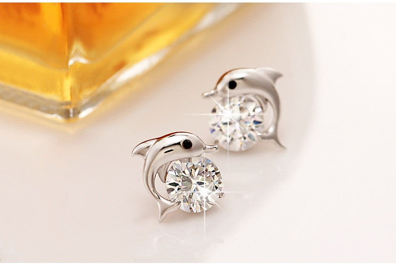 925 Silver Crystal Dolphin Stud Earrings