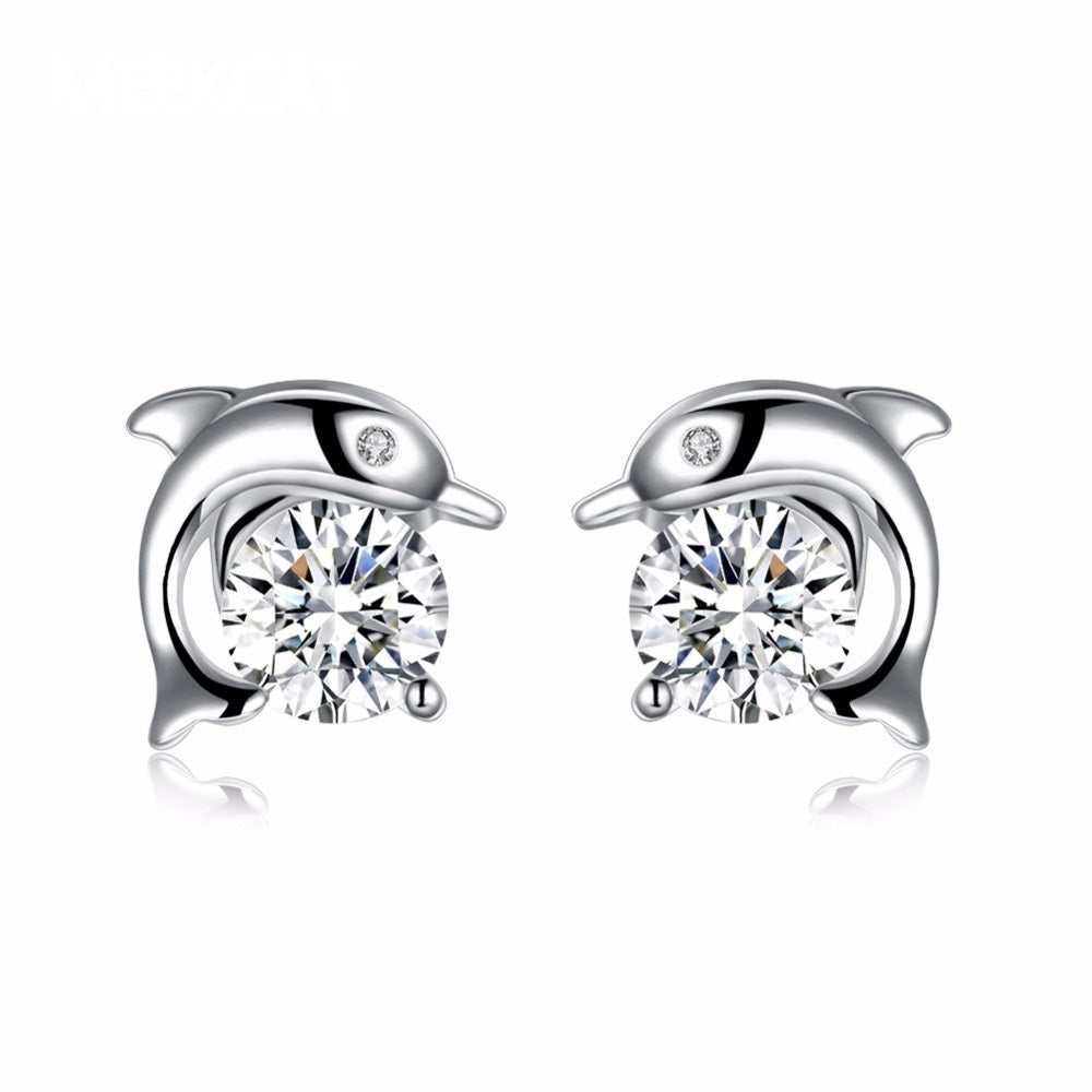 925 Silver Crystal Dolphin Stud Earrings