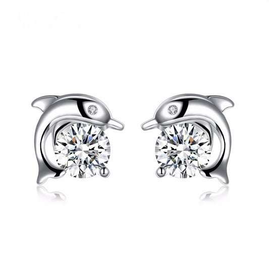 925 Silver Crystal Dolphin Stud Earrings