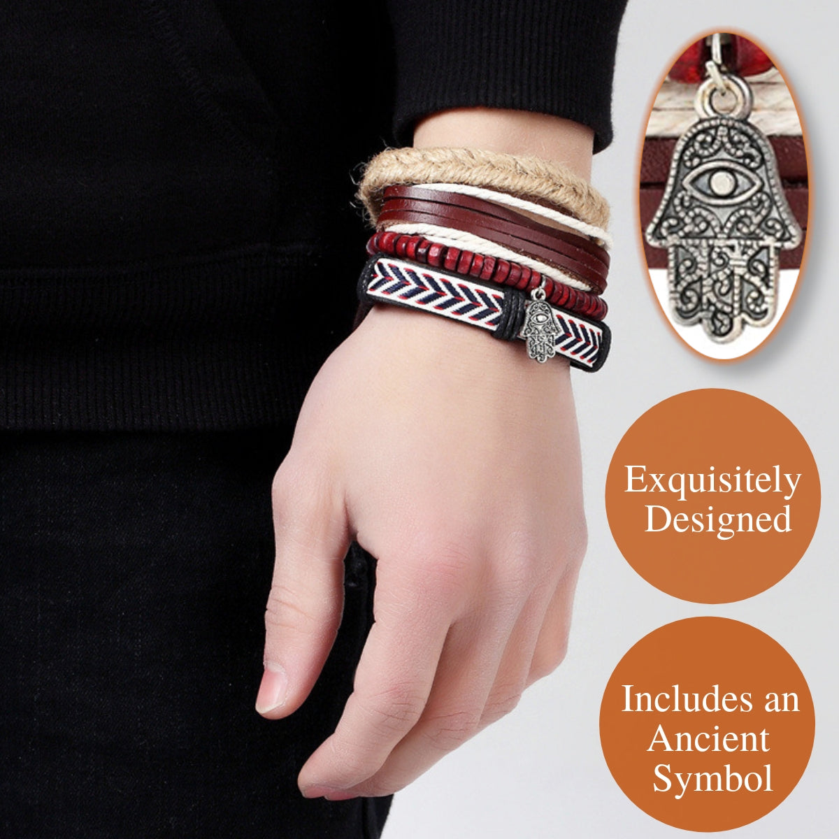 Exquisitely Designed Braided Straps w/ Ancient Hamsa Eye Leather Bracelet