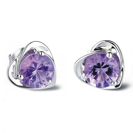 Retro 925 Silver Flower Heart Crystal Stud Earrings