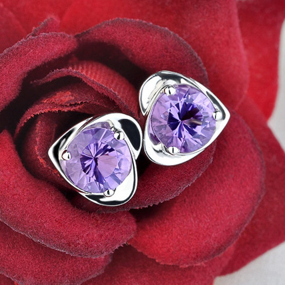 Retro 925 Silver Flower Heart Crystal Stud Earrings