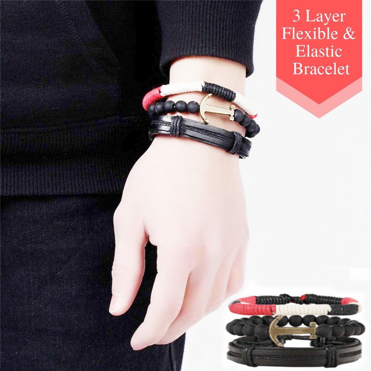 3 Styles Layered Multi Colored Adjustable Leather Bracelet