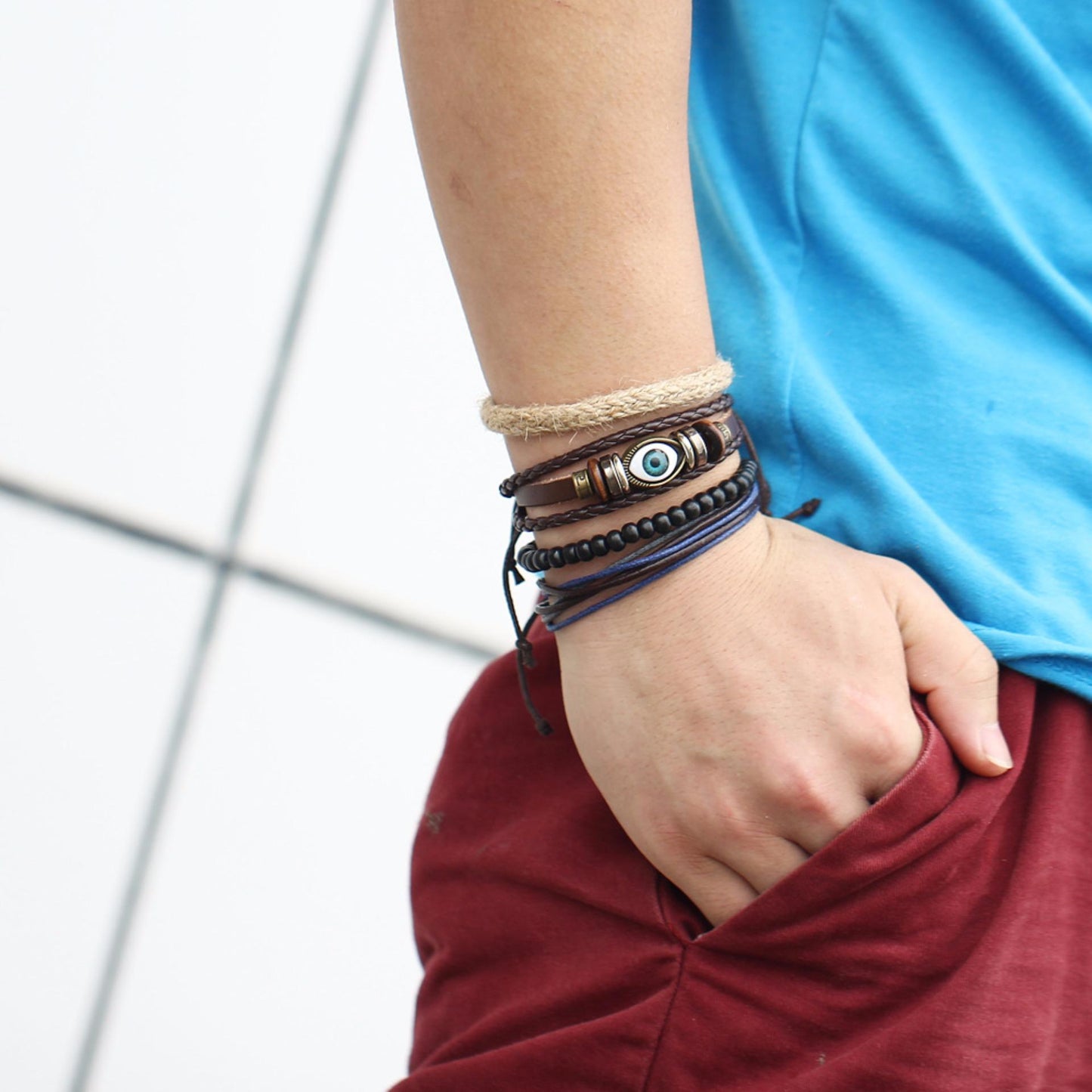 Rustic Simple Ancient Charm Blue Eye Leather Bracelet