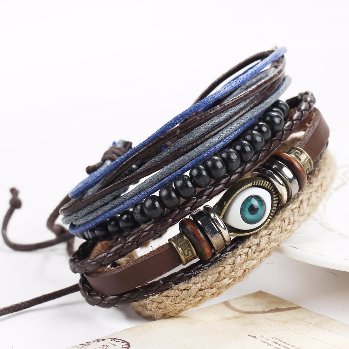 Rustic Simple Ancient Charm Blue Eye Leather Bracelet