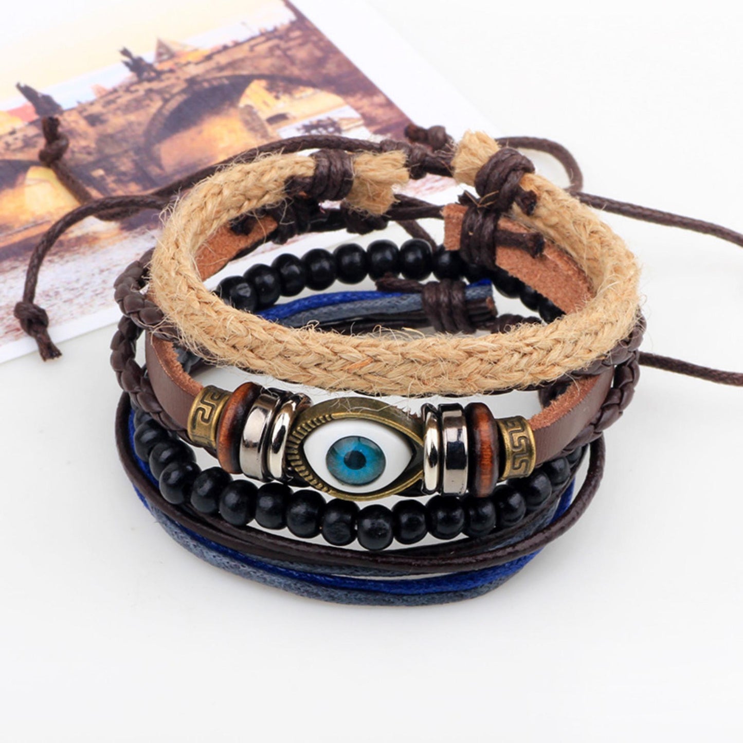 Rustic Simple Ancient Charm Blue Eye Leather Bracelet