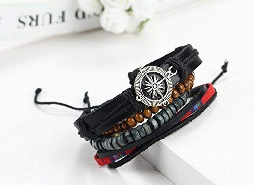 Durable Adventurous Look Compass Statement Leather Bracelet