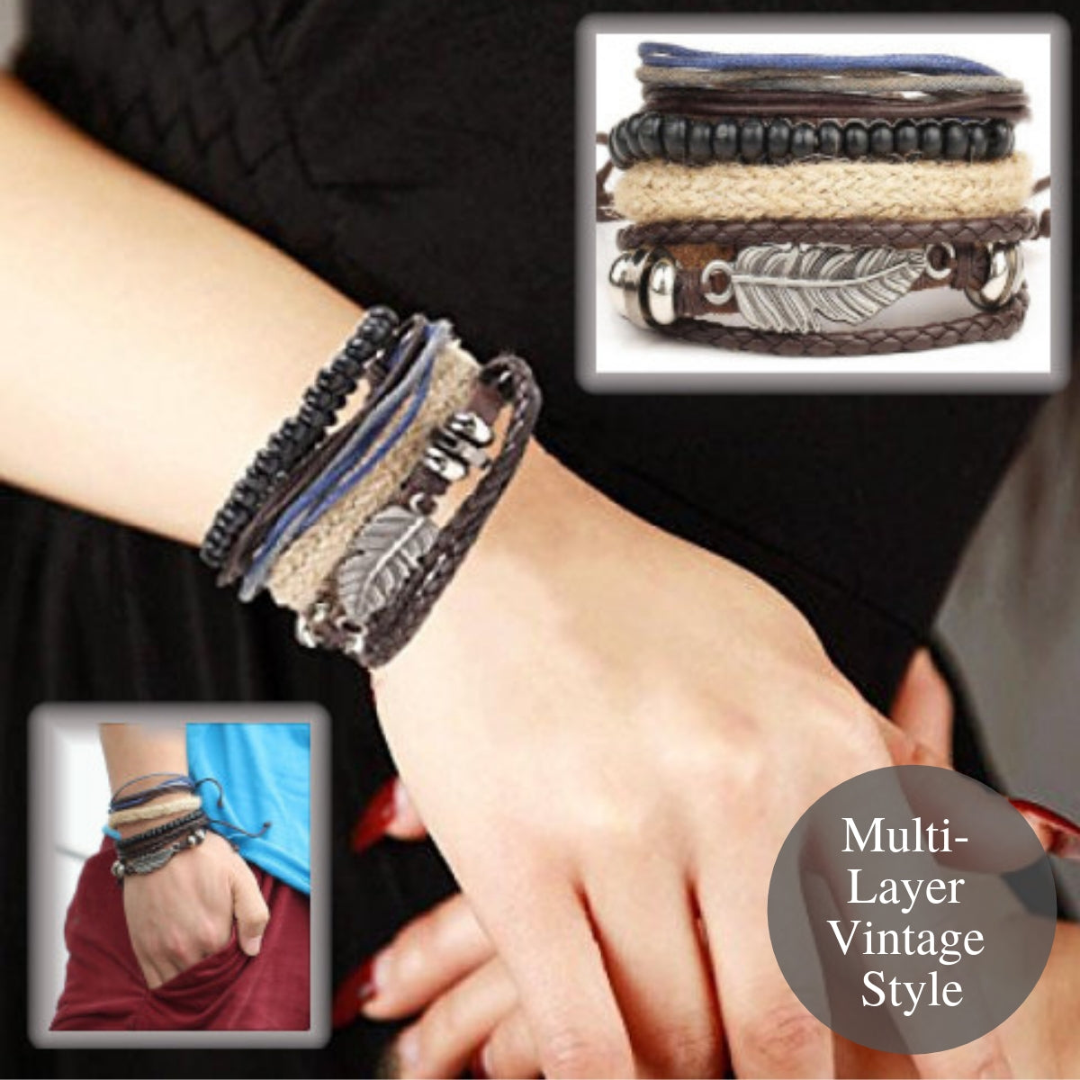 Multi-Layered Owl Leaf Black Pearl Braided Leather Bracelet