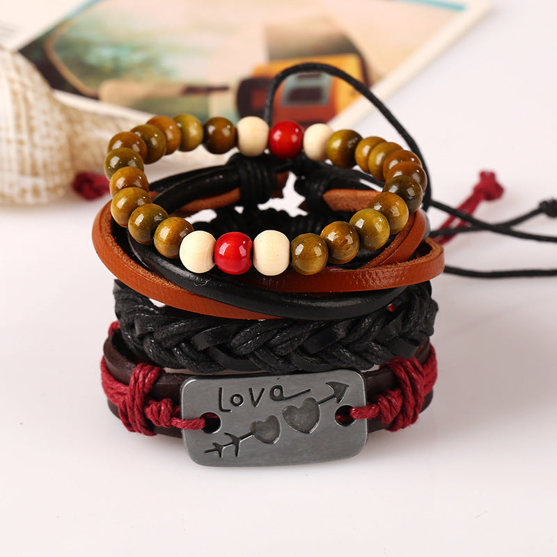Creative Braided Ropes Set Colored Beads Love Charm Leather Bracelet