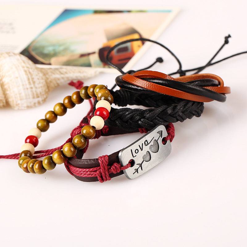 Creative Braided Ropes Set Colored Beads Love Charm Leather Bracelet