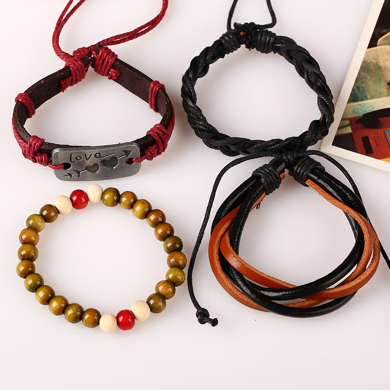 Creative Braided Ropes Set Colored Beads Love Charm Leather Bracelet