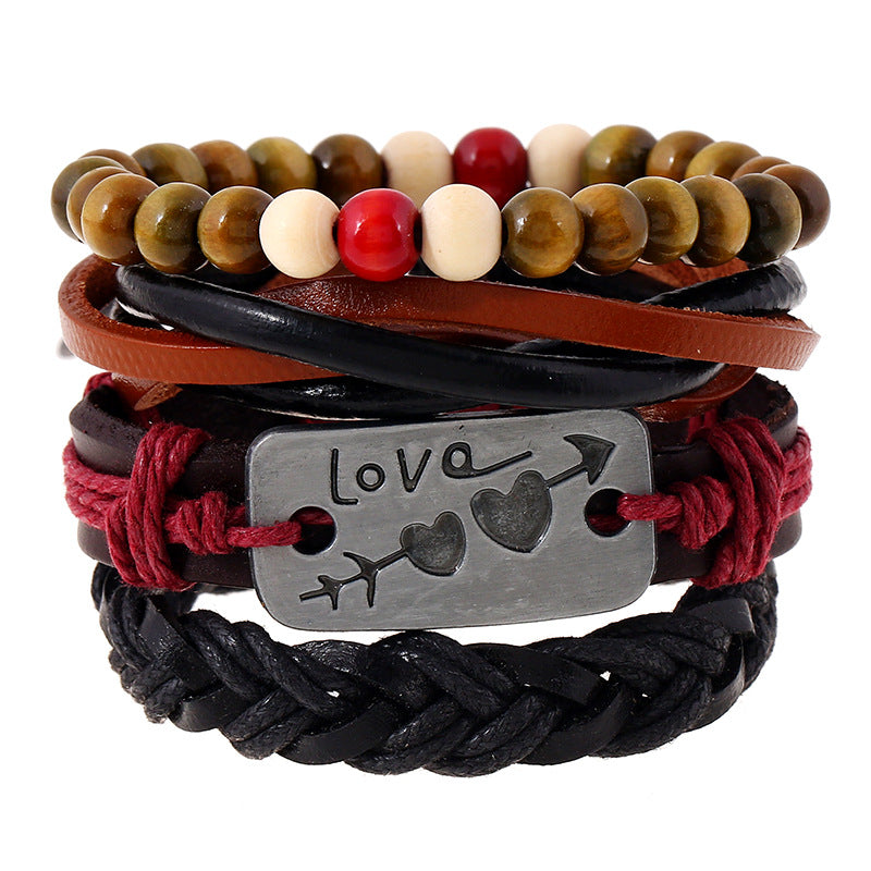 Creative Braided Ropes Set Colored Beads Love Charm Leather Bracelet