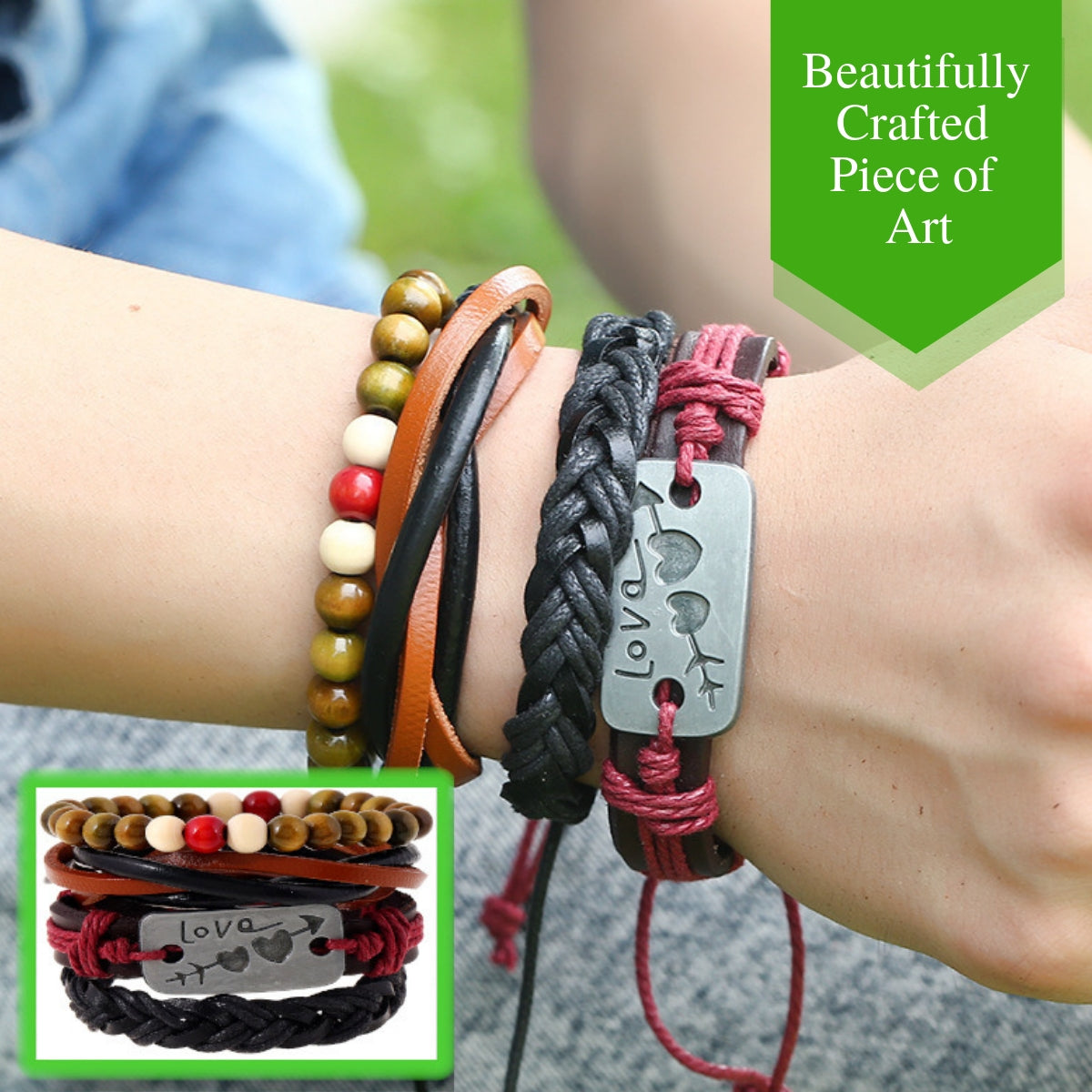 Creative Braided Ropes Set Colored Beads Love Charm Leather Bracelet