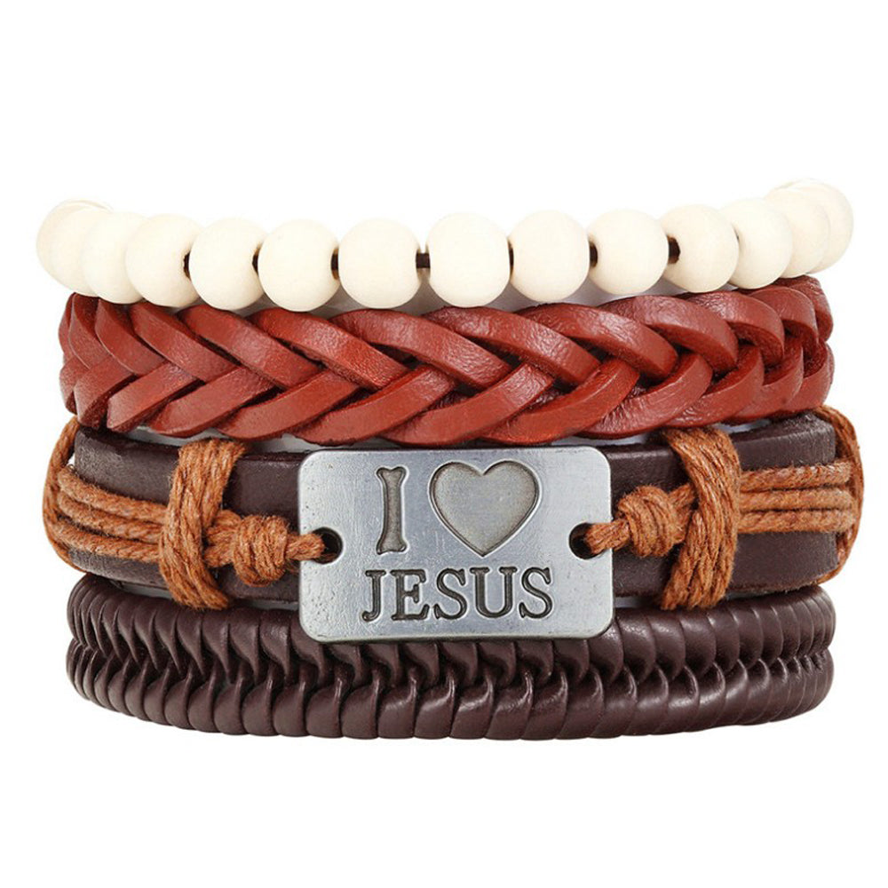4 Artistic Styles Braided Ropes I Love Jesus Statement Leather Bracelet