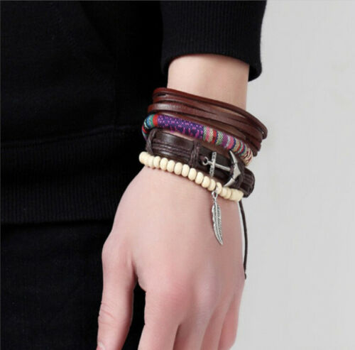 Well Crafted Attractive Multicolor Woven Strap Leaf Boat Anchor Leather Bracelet