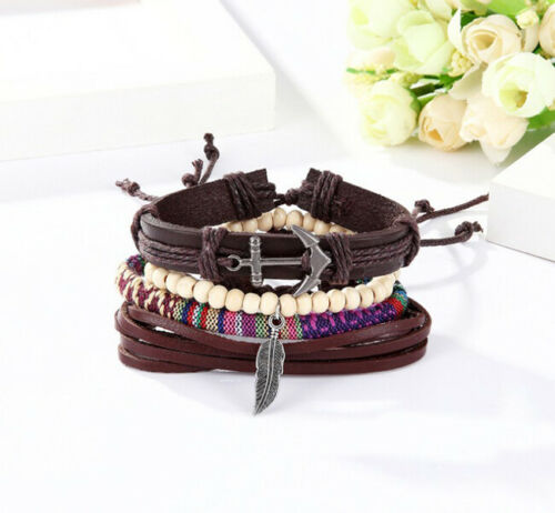 Well Crafted Attractive Multicolor Woven Strap Leaf Boat Anchor Leather Bracelet